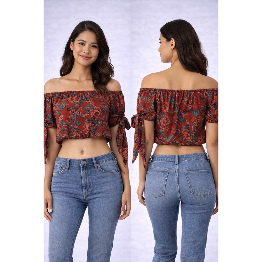 Floral Off The Shoulder Crop Top Rust Red Boho‎ Tie Sleeve Blouse Large
